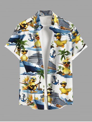 Plus Size Coconut Tree Ducks Steamship Anchor Print Buttons Pocket Hawaii Cruise Shirt For Men - WHITE - S