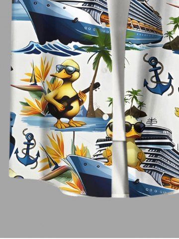 Plus Size Coconut Tree Ducks Steamship Anchor Print Buttons Pocket Hawaii Cruise Shirt For Men