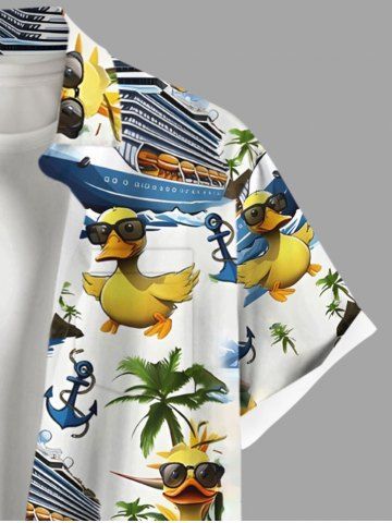 Plus Size Coconut Tree Ducks Steamship Anchor Print Buttons Pocket Hawaii Cruise Shirt For Men