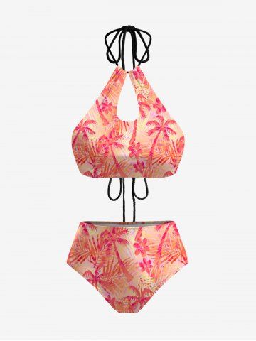 Coconut Tree Flowers Print Hollow Out Cinched Tankini Swimsuit - LIGHT PINK - S