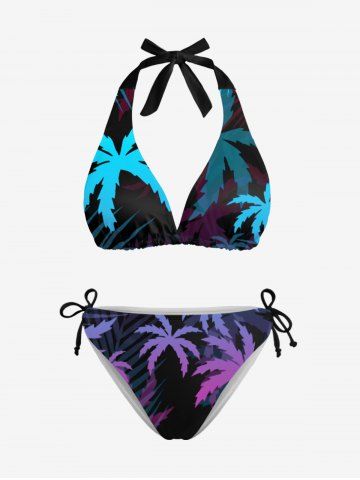 Coconut Tree Print Cinched Tie Halter Hawaii Bikini Set - BLACK - S