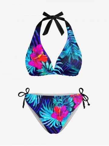 Tropical Leaf Hibiscus Flower Print Cinched Tie Halter Hawaii Bikini Set - BLUE - S