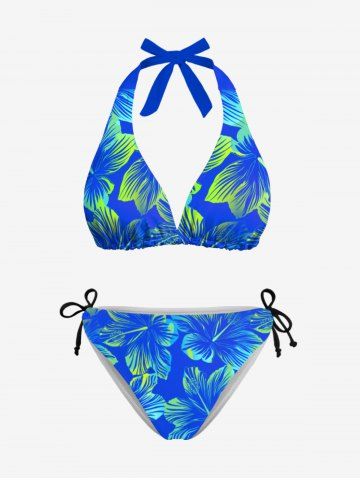 Tropical Hibiscus Flower Print Cinched Tie Halter Hawaii Bikini Set - SKY BLUE - S