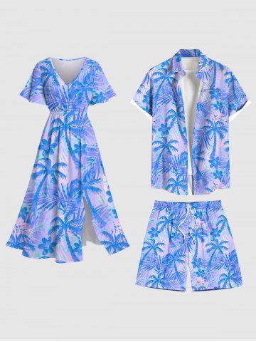 Coconut Tree Tropical Flower Leaf Print Plus Size Matching Hawaii Beach Outfit For Couples