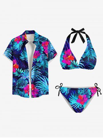 Tropical Leaf Hibiscus Flowers Print Women Swimsuit and Men Shirt Matching Hawaii Beach Outfit For Couples