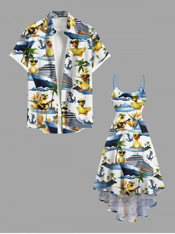 Coconut Tree Ducks Steamship Anchor Print Plus Size Matching Hawaii Beach Outfit For Couples - WHITE