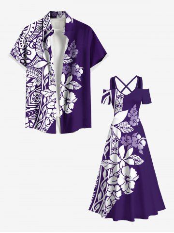 Tropical Leaf Hibiscus Flower Print Plus Size Matching Hawaii Beach Outfit For Couples - PURPLE