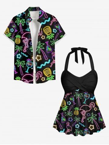 Flamingo Pineapple Coconut Tree Print Men Shirt and Women Swimsuit Plus Size Matching Hawaii Beach Outfit For Couples - BLACK