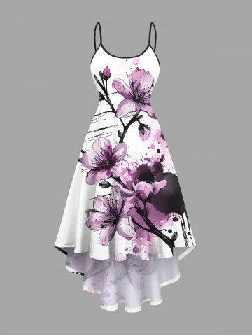 Plus Size Flowers Watercolor Paint Splatter Print High Low Hawaii Cami Dress - PURPLE - 6X
