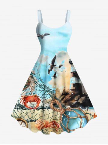 Plus Size Fishing Nets Crabs Conch Shells Lighthouse Bird Ombre Sky Print Hawaii Cruise A Line Tank Dress