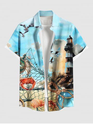 Plus Size Fishing Nets Crabs Conch Shells Lighthouse Bird Ombre Sky Print Hawaii Cruise Shirts For Men - LIGHT BLUE - 3XL