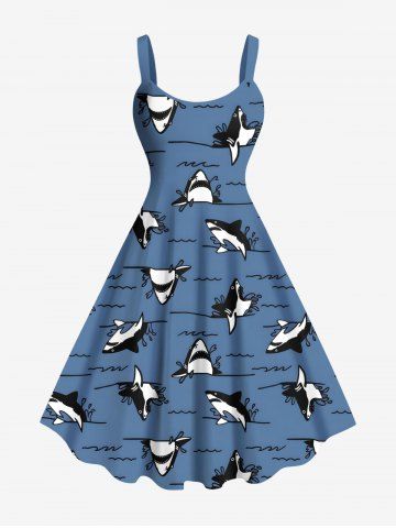 Plus Size Shark Sea Waves Print Hawaii A Line Tank Dress - BLUE - XXS