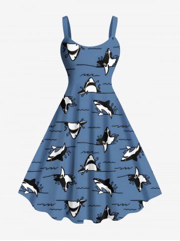 Plus Size Shark Sea Waves Print Hawaii A Line Tank Dress - BLUE - M