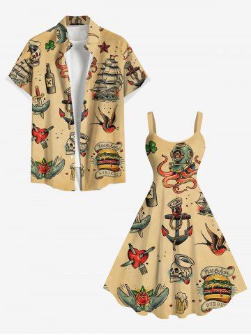 Skull Heart Octopus Anchor Hamburger Flowers Print Plus Size Matching Hawaii Beach Outfit For Couples