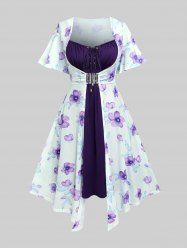 Plus Size Flutter Sleeves Floral Dress and Lace-up A Line Cami Dress Set -  