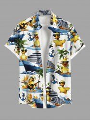 Plus Size Coconut Tree Ducks Steamship Anchor Print Buttons Pocket Hawaii Cruise Shirt For Men -  
