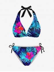 Ensemble de Bikini Hawaïen Sanglé Fleur Feuille Tropicale Imprimée à Col Halter - Bleu 4XL