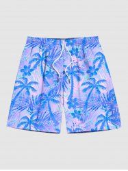 Plus Size Coconut Tree Tropical Flower Leaf Print Hawaii Beach Shorts For Men -  