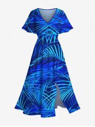 Robe Cache-Coeur Mi-longue Tropicale à Fente Grande Taille - Bleu 2X