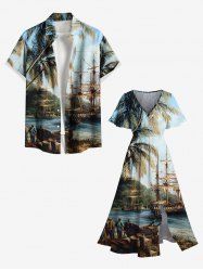 Tropcial Coconut Tree Sail Boat Print Plus Size Matching Hawaii Beach Outfit For Couples -  