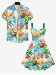 Tenue de plage hawaïenne assortie grande taille, motif aquarelle coloré, motif cocotier, imprimé jus de fleurs, pour couple - Multi-A 