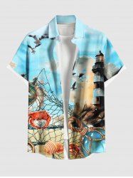 Plus Size Fishing Nets Crabs Conch Shells Lighthouse Bird Ombre Sky Print Hawaii Cruise Shirts For Men -  