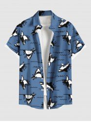 Plus Size Shark Sea Waves Print Hawaii Button Pocket Shirt For Men -  