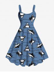 Plus Size Shark Sea Waves Print Hawaii A Line Tank Dress -  