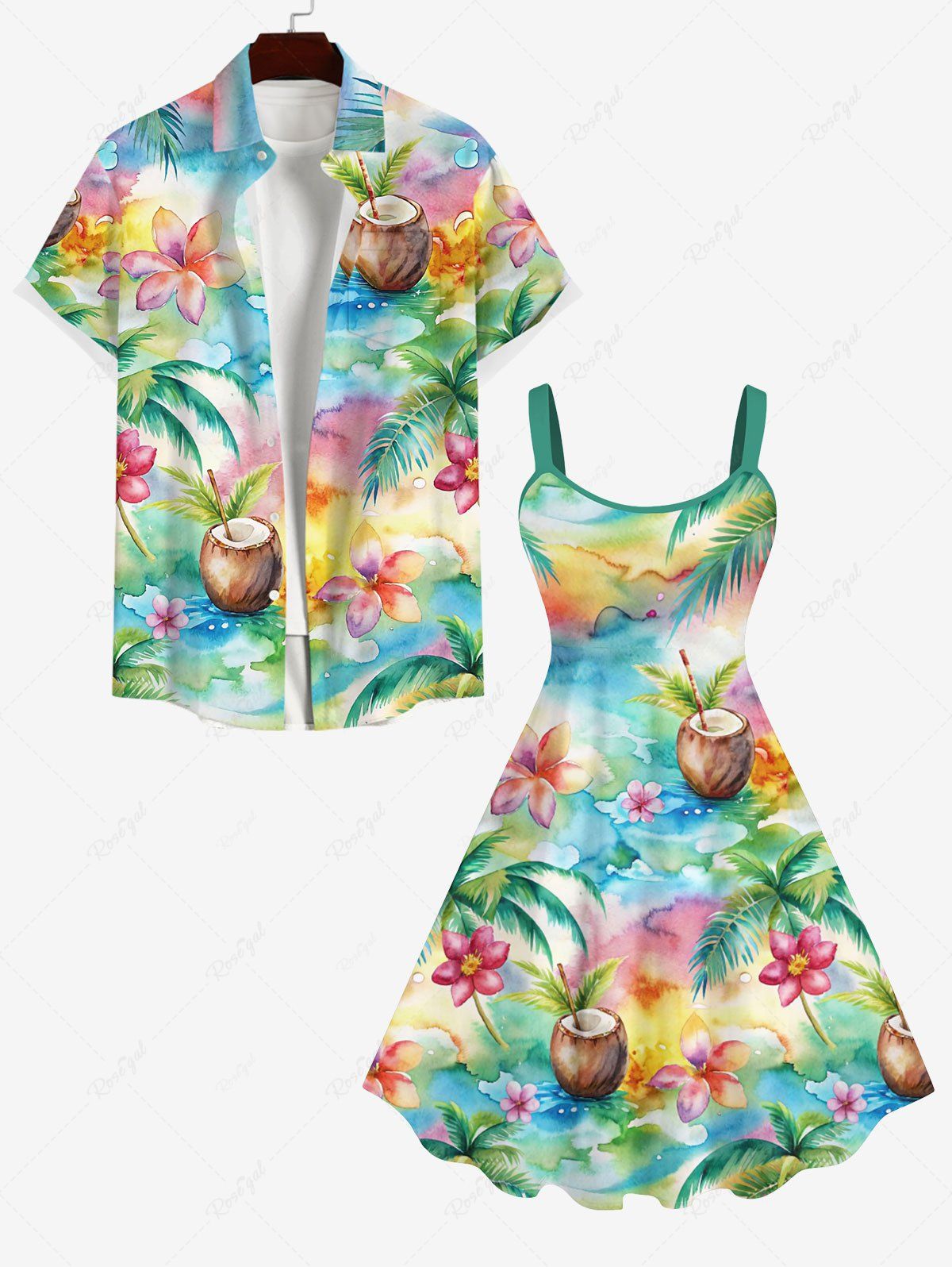 Tenue de plage hawaïenne assortie grande taille, motif aquarelle coloré, motif cocotier, imprimé jus de fleurs, pour couple Multi-A 