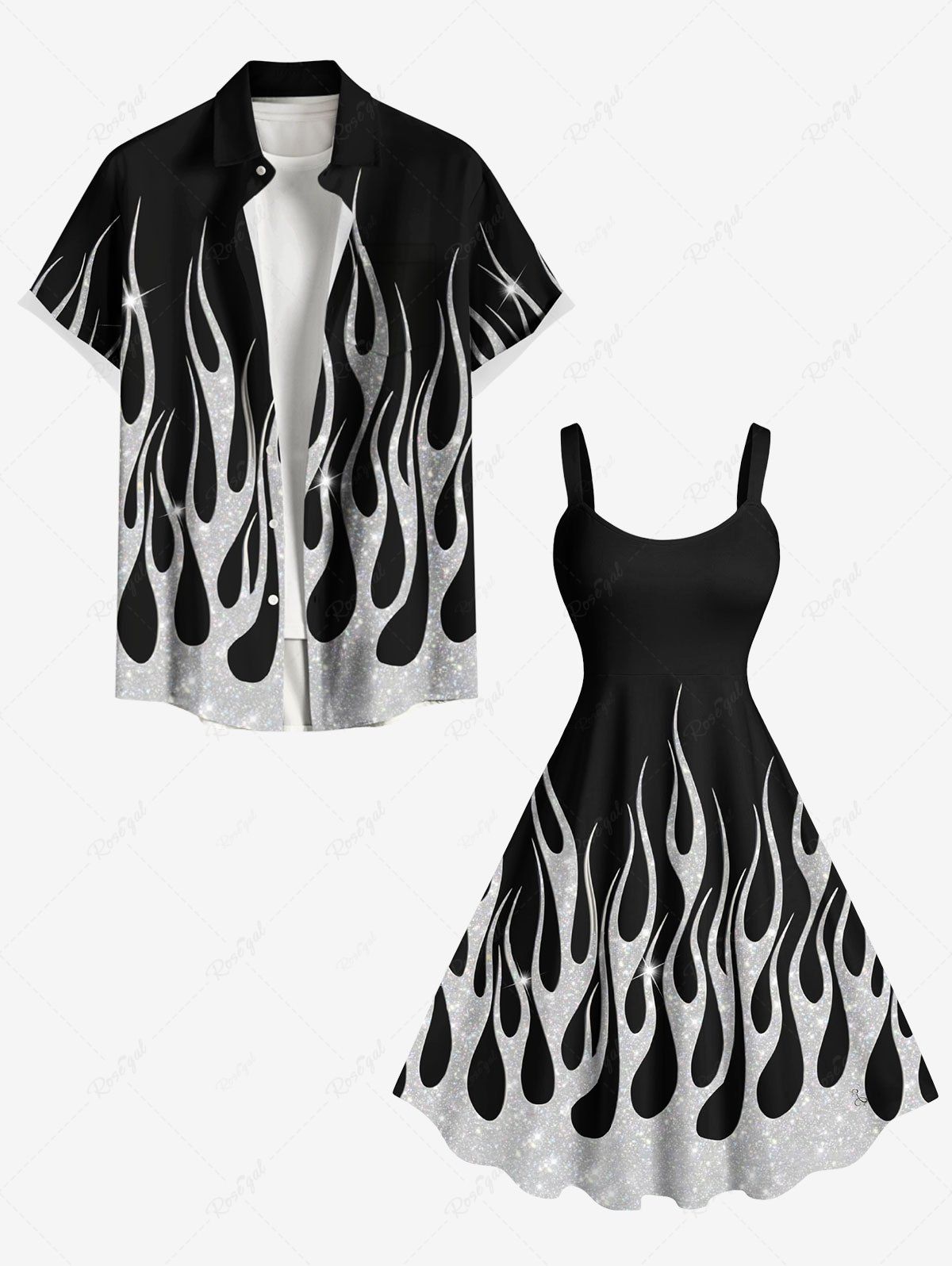 Cheap Glitter Sequins Fire Flame Print Plus Size Matching Hawaii Beach Outfit For Couples  