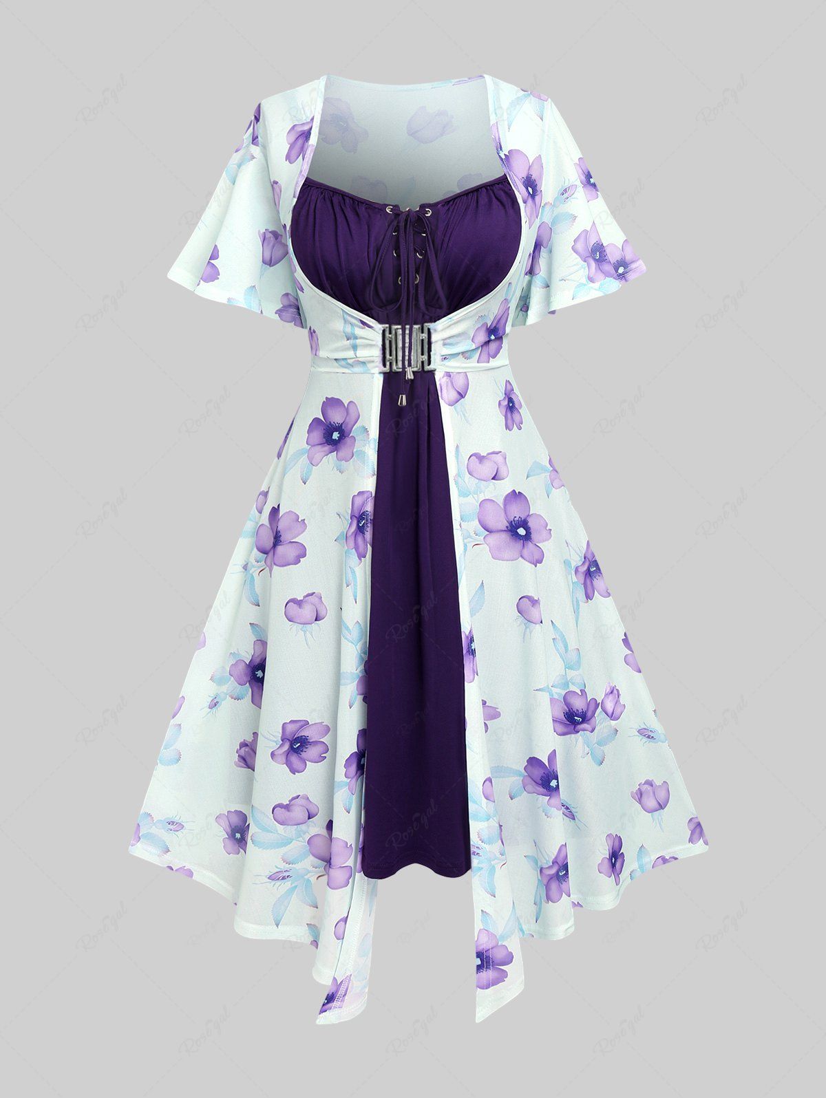Online Plus Size Flutter Sleeves Floral Dress and Lace-up A Line Cami Dress Set  