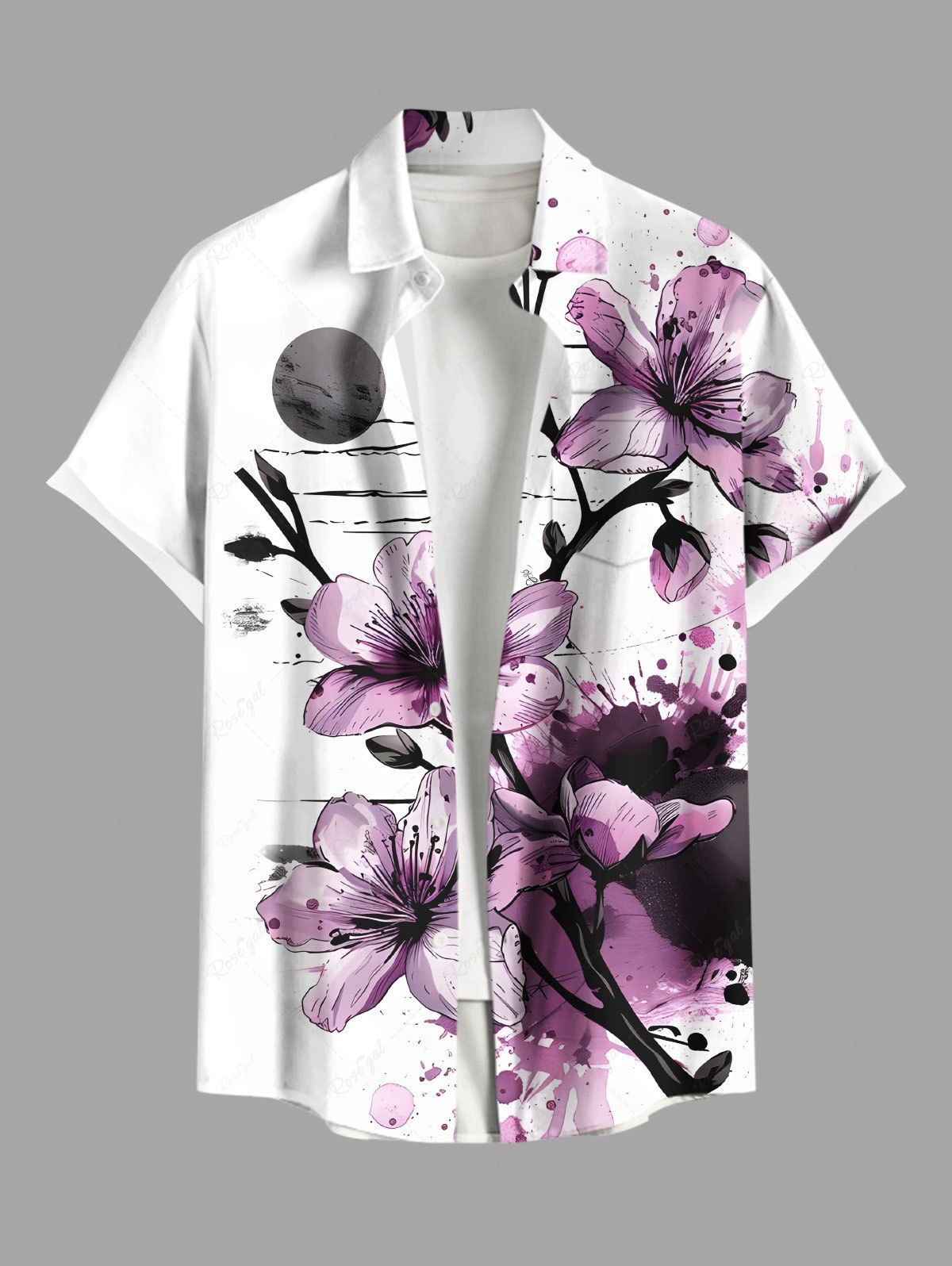 Sale Plus Size Flowers Watercolor Paint Splatter Print Buttons Pocket Hawaii Shirt For Men  