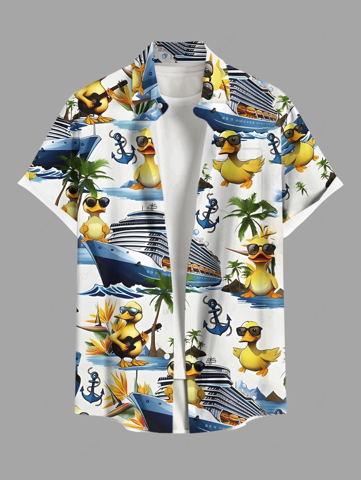 Sale Plus Size Coconut Tree Ducks Steamship Anchor Print Buttons Pocket Hawaii Cruise Shirt For Men  