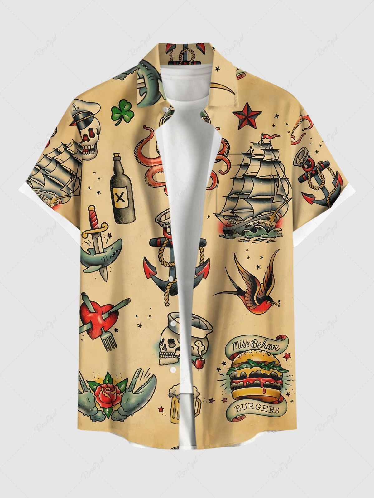 Fashion Plus Size Skull Heart Octopus Anchor Hamburger Flowers Print Buttons Pocket Hawaii Cruise Shirt For Men  