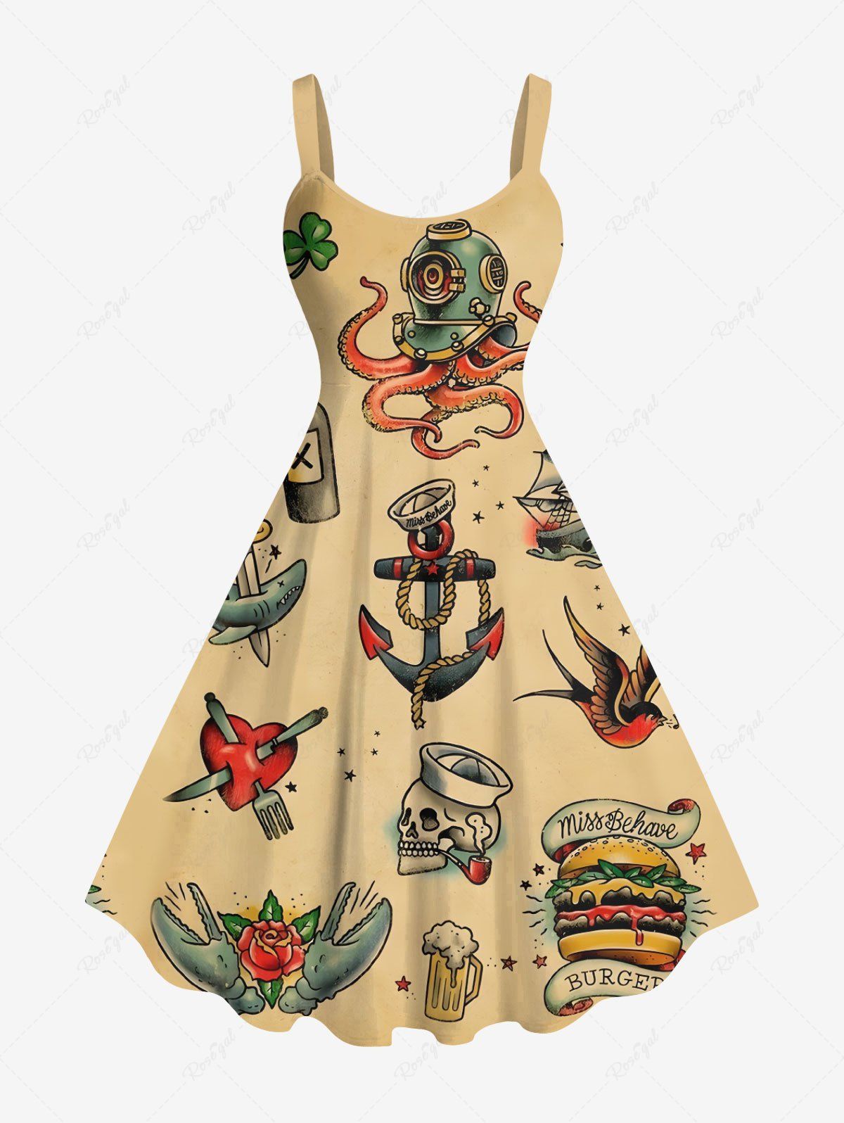 Fashion Plus Size Skull Heart Octopus Anchor Hamburger Flowers Print Hawaii Cruise Tank Dress  