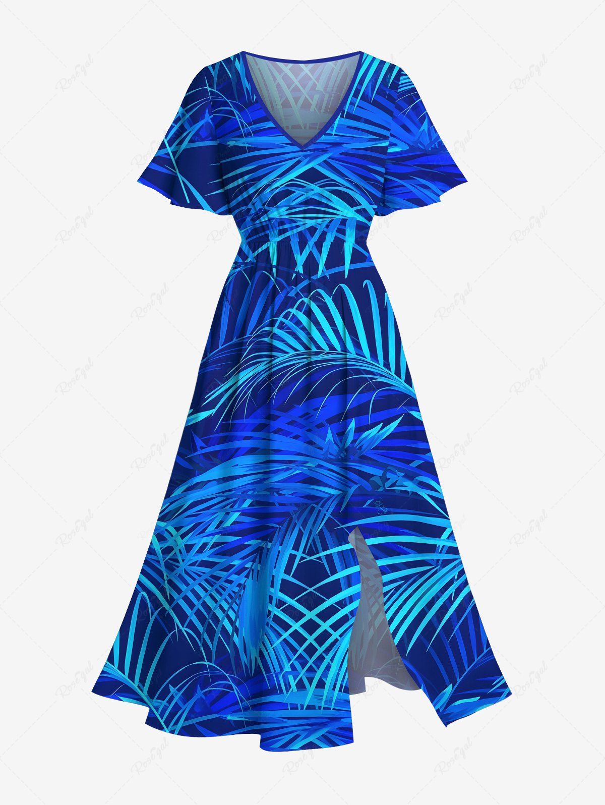 Robe Cache-Coeur Mi-longue Tropicale à Fente Grande Taille Bleu 6X