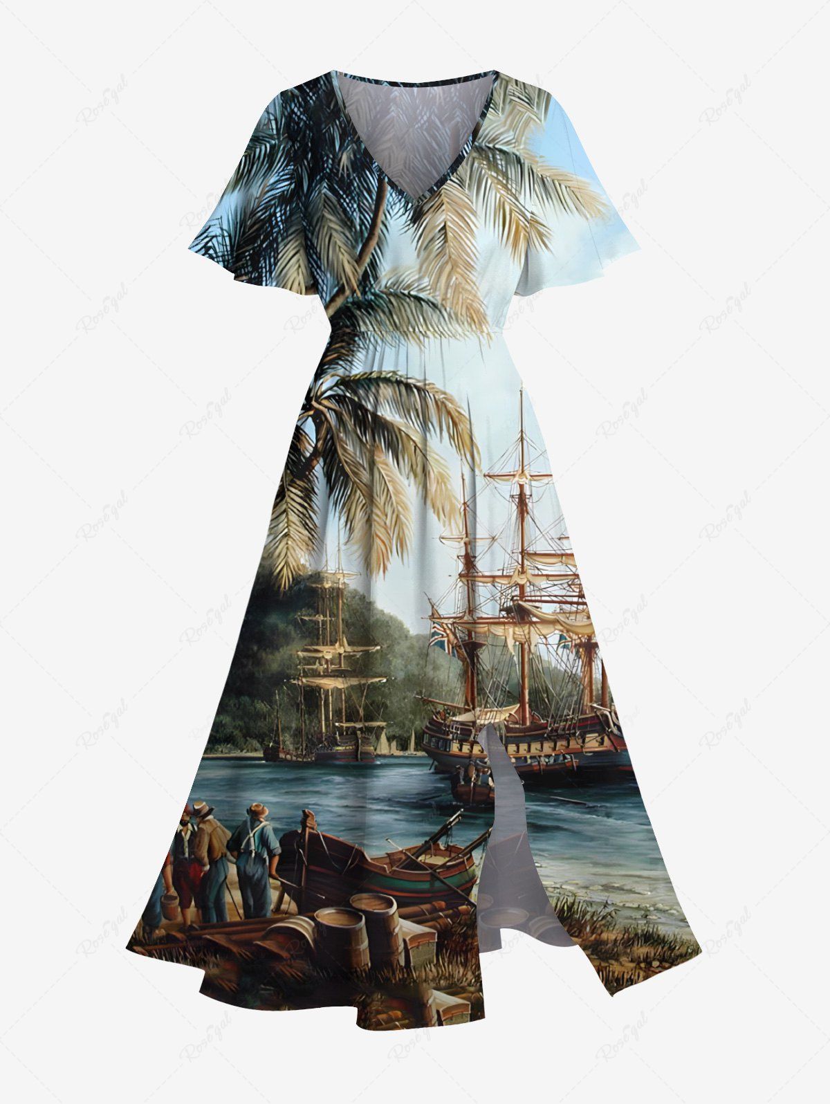 Trendy Plus Size Tropcial Coconut Tree Sail Boat Print Split Hawaii Cruise Midi Dress  