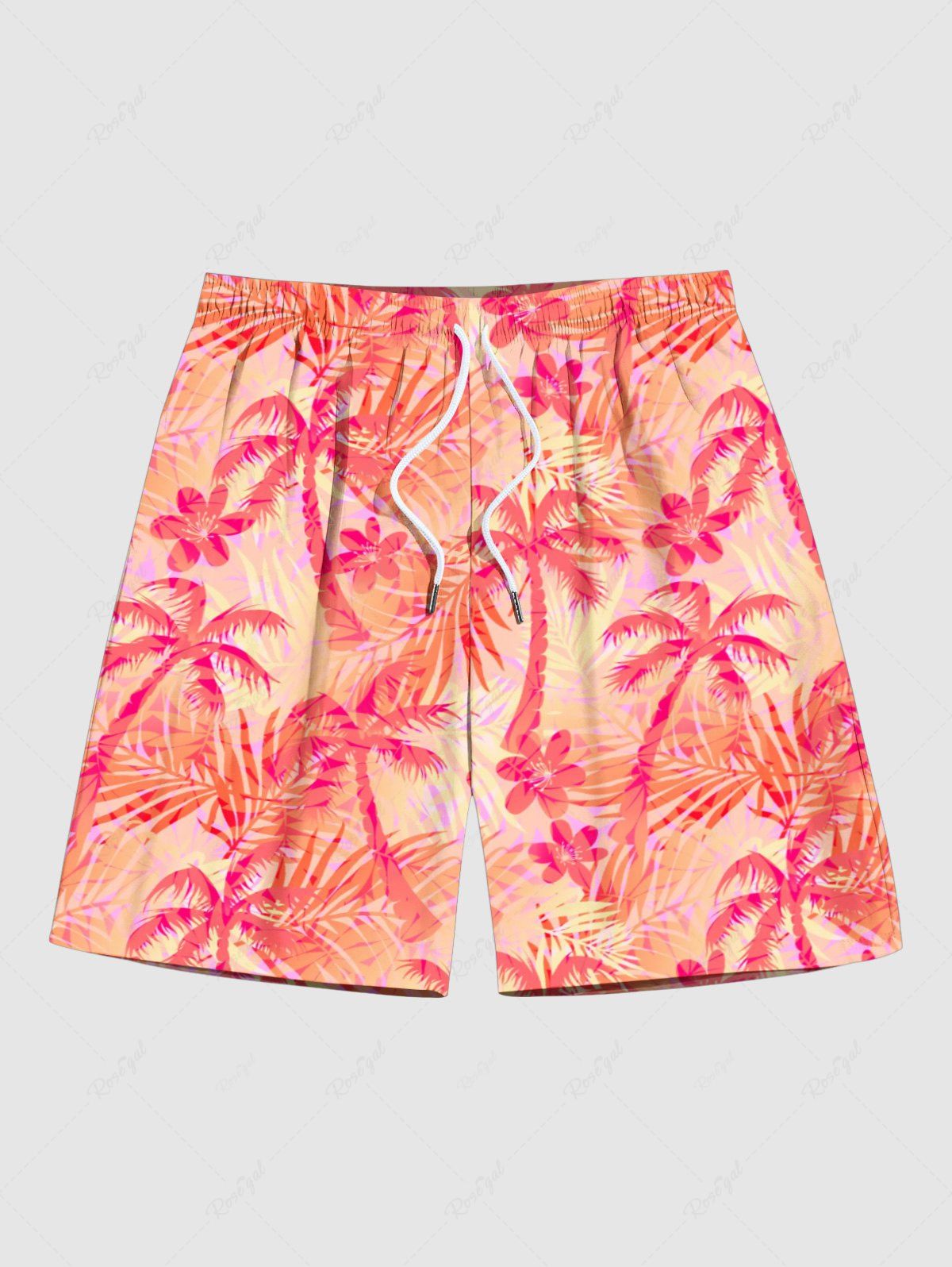 Affordable Plus Size Coconut Tree Tropical Flower Leaf Print Hawaii Beach Shorts For Men  