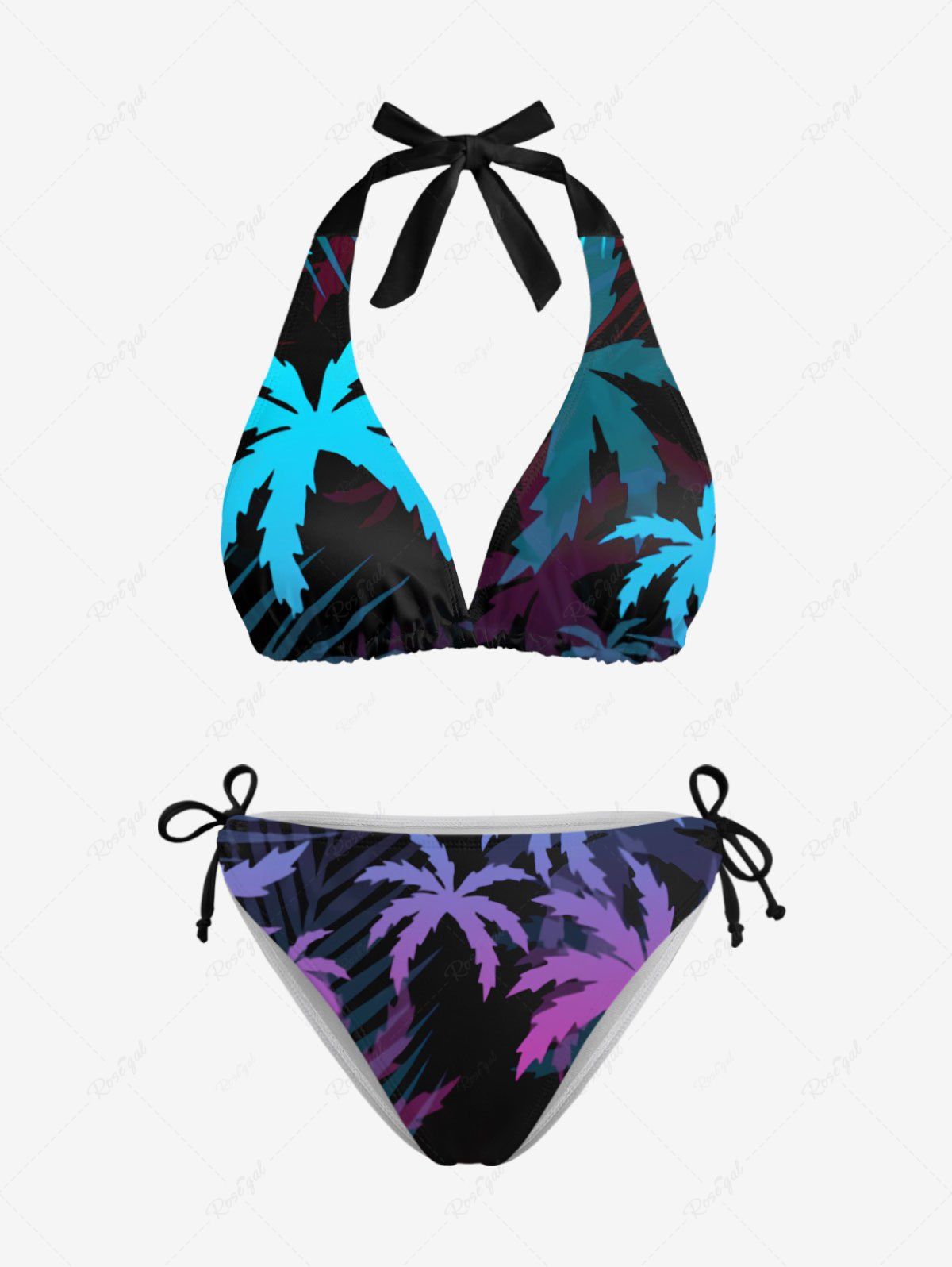 Chic Coconut Tree Print Cinched Tie Halter Hawaii Bikini Set  