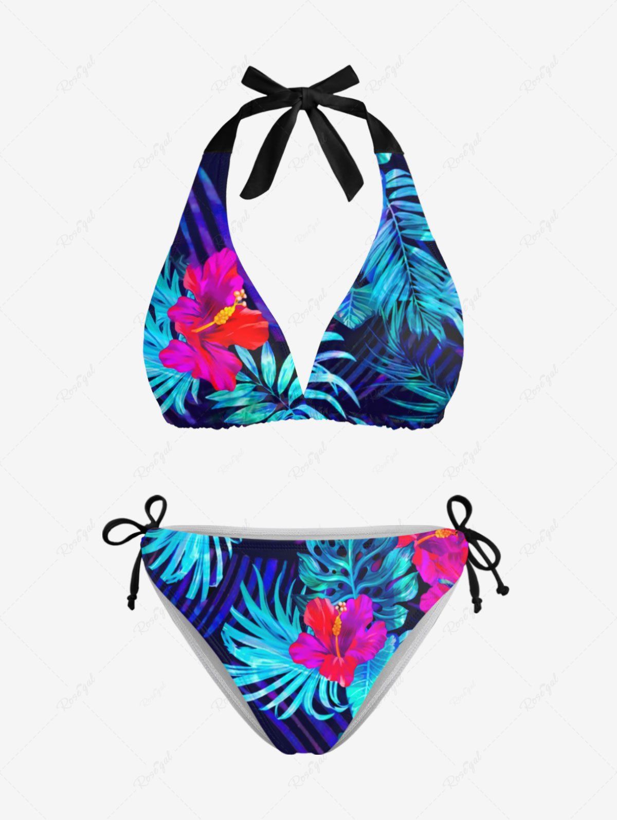 Ensemble de Bikini Hawaïen Sanglé Fleur Feuille Tropicale Imprimée à Col Halter Bleu 4XL