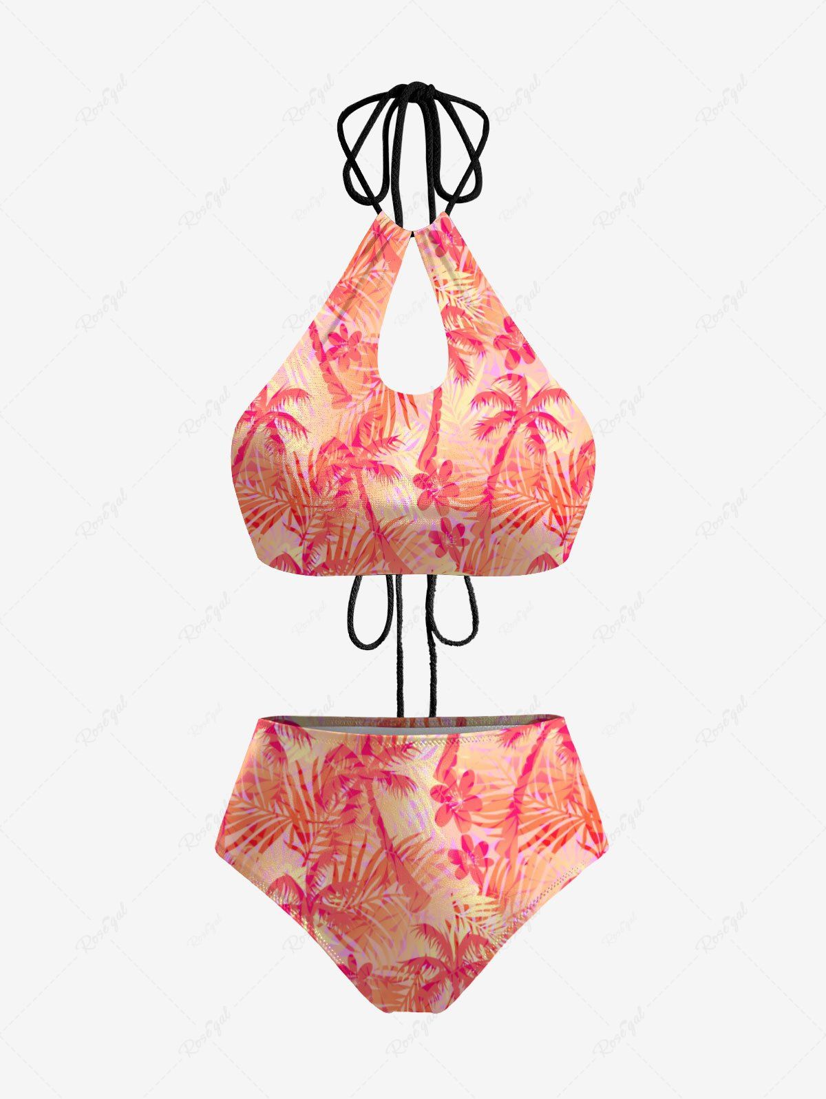 Maillot de Bain Tankini Evidé Fleur et Arbre Noix de Coco Imprimés Rose clair 3XL