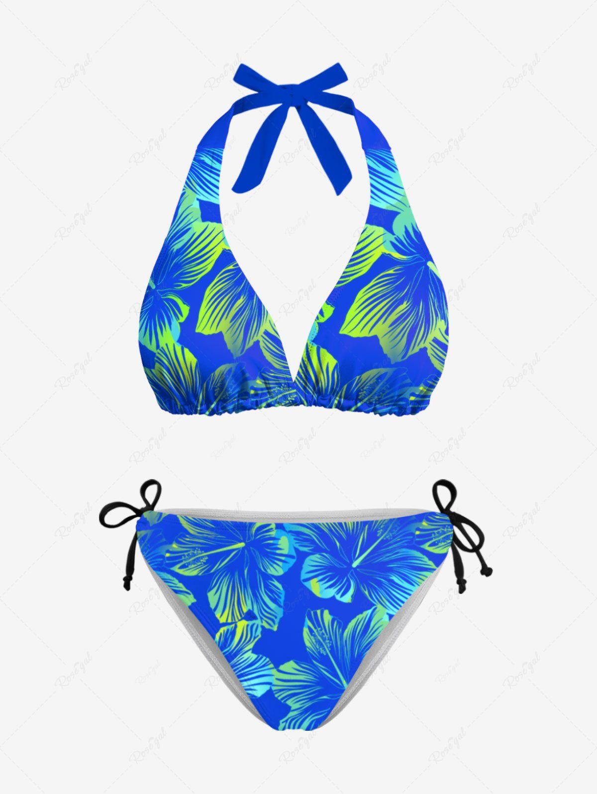 Ensemble de Bikini Hawaïen Sanglé Fleur Tropicale Imprimée à Col Halter Bleu Ciel 4XL