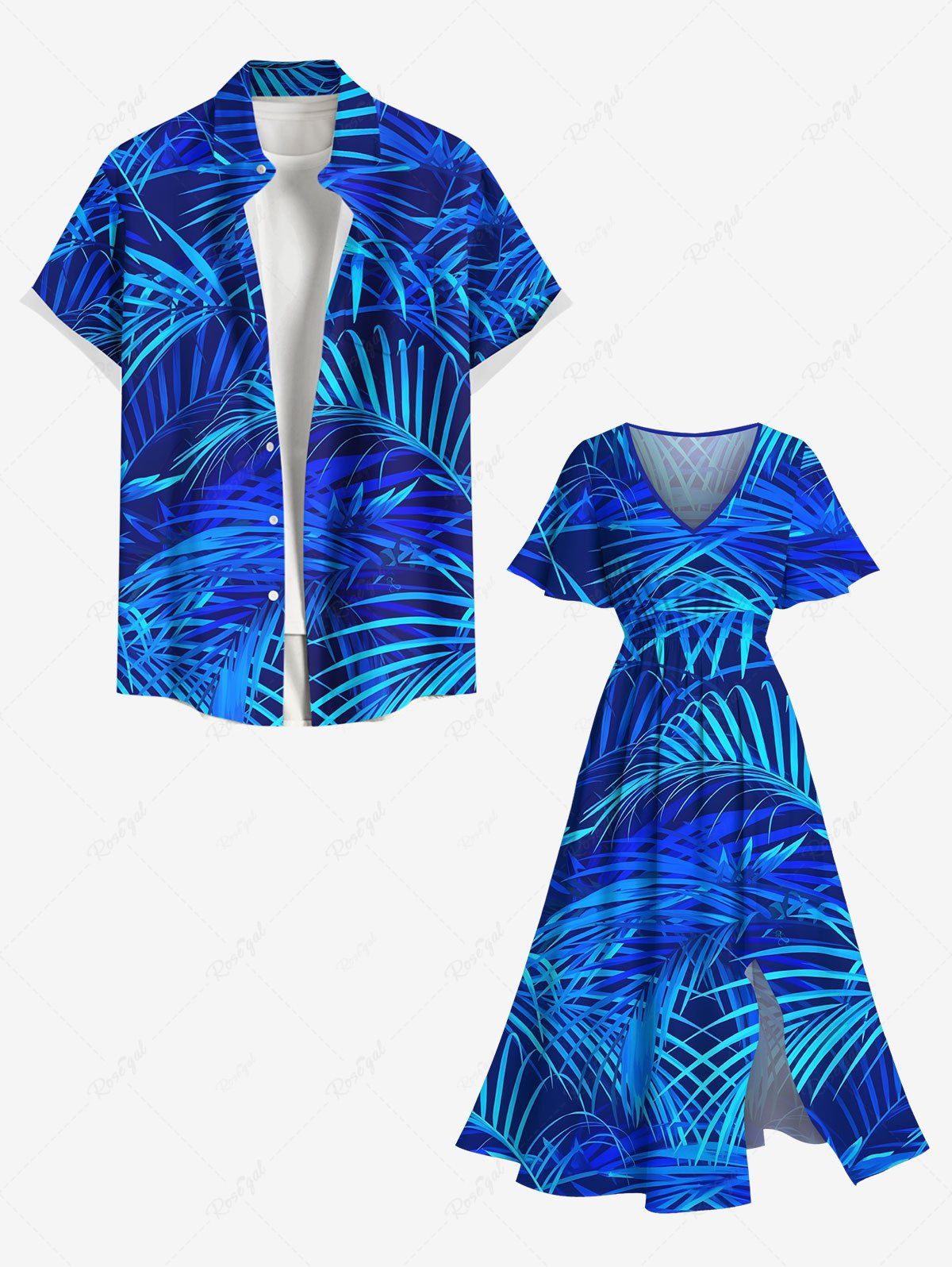 Contrastant Imprimé Cocotier et Feuilles Grande Taille pour la Plage Bleu 