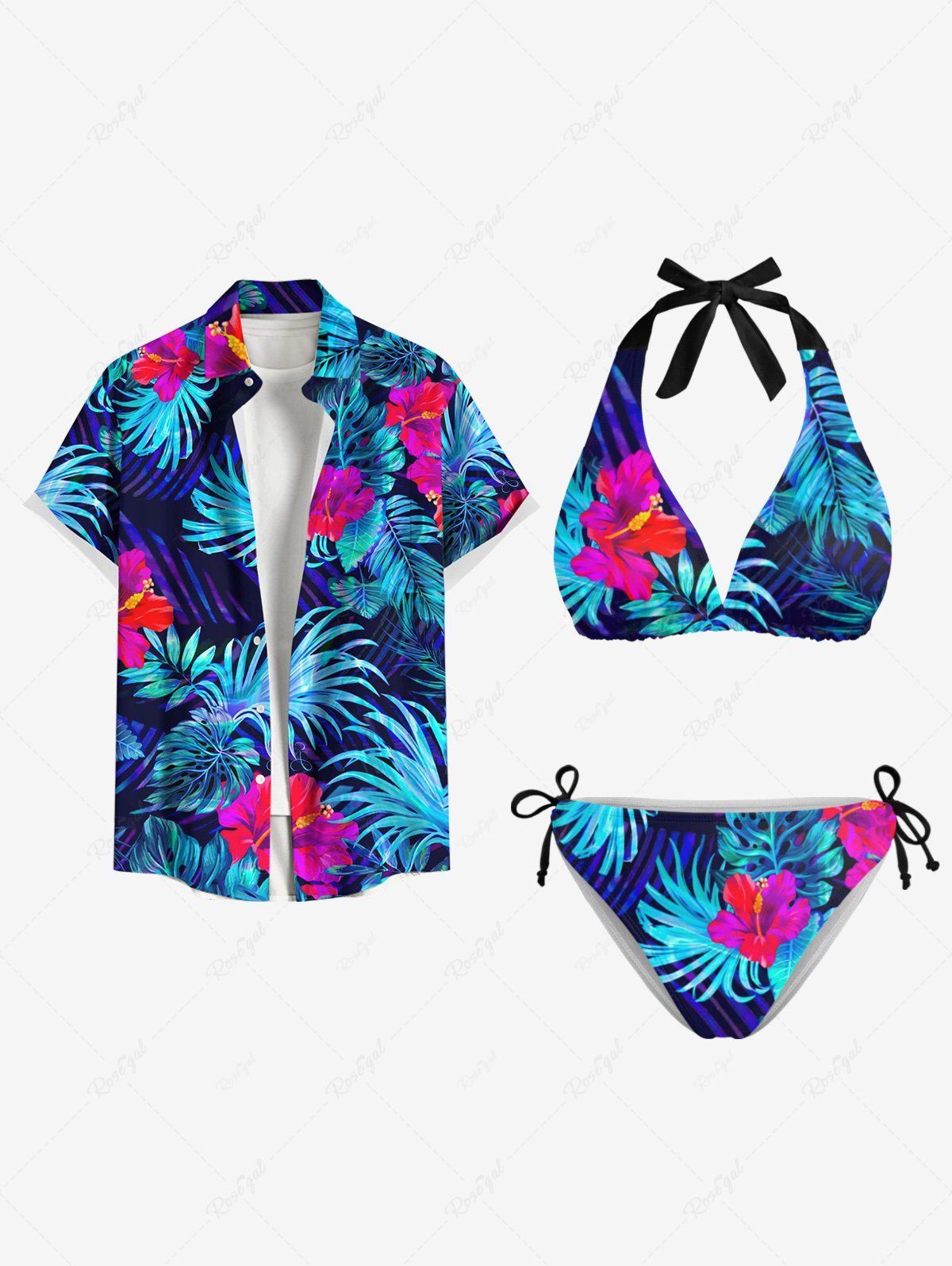 Maillot de Bain Assorti Feuille et Fleur Tropicale Imprimée pour Couple Bleu 