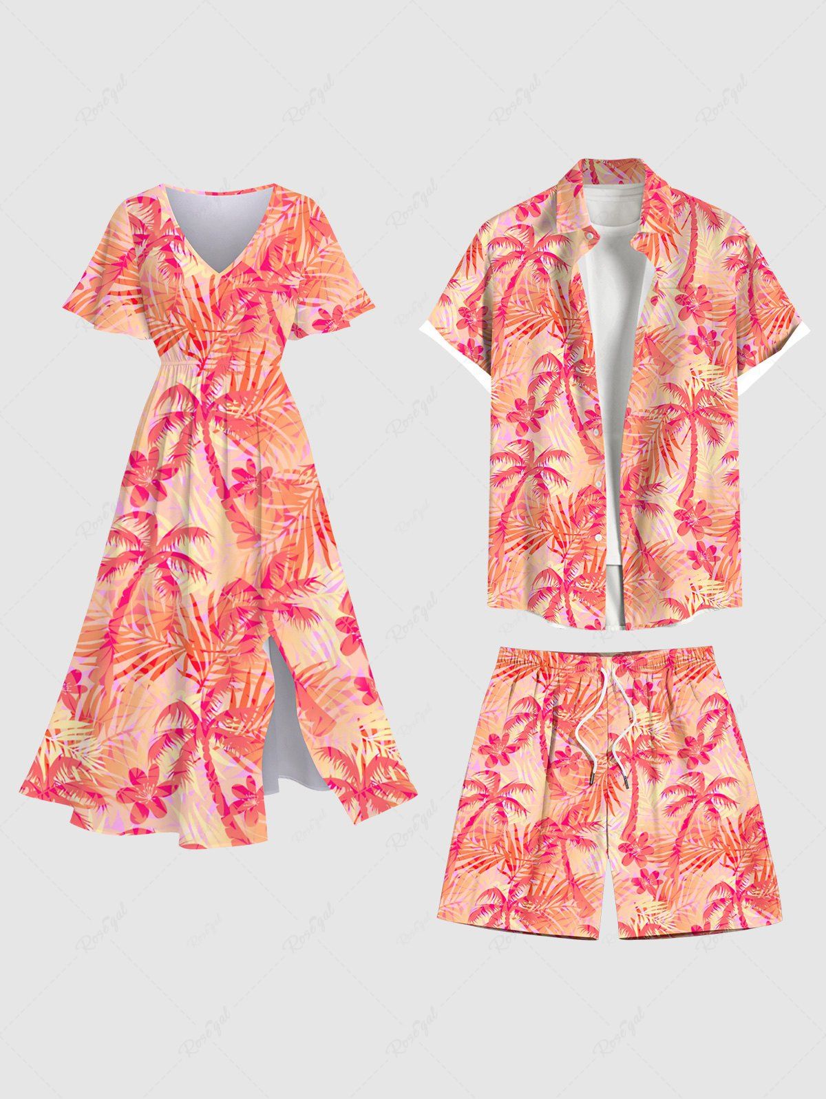 Chic Coconut Tree Tropical Flower Leaf Print Plus Size Matching Hawaii Beach Outfit For Couples  