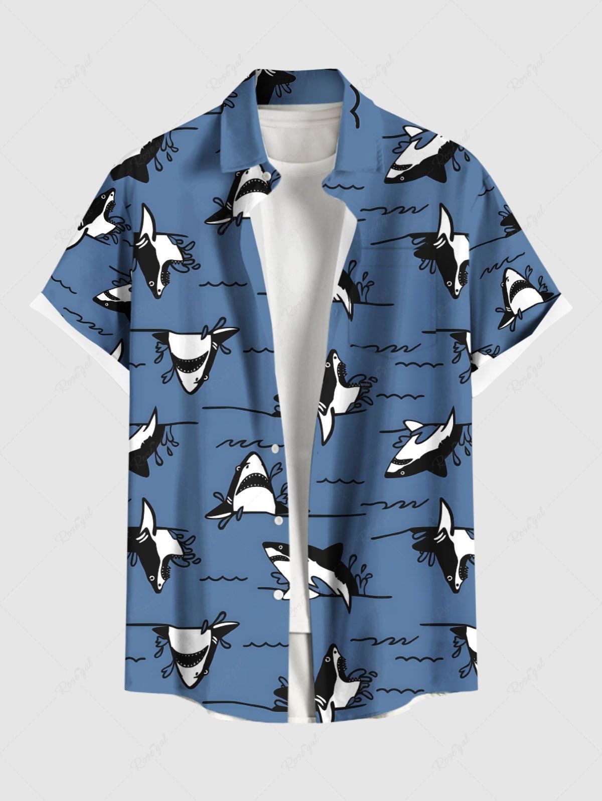 Outfit Plus Size Shark Sea Waves Print Hawaii Button Pocket Shirt For Men  