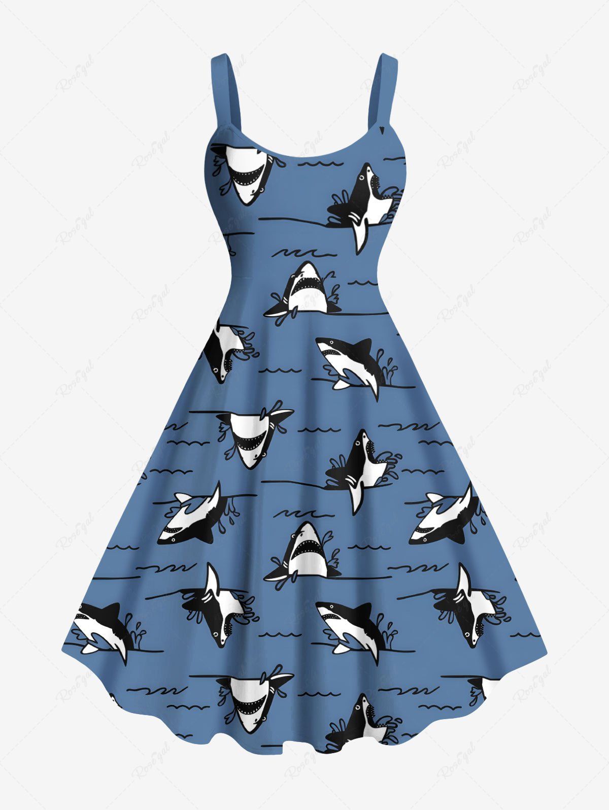 Shop Plus Size Shark Sea Waves Print Hawaii A Line Tank Dress  