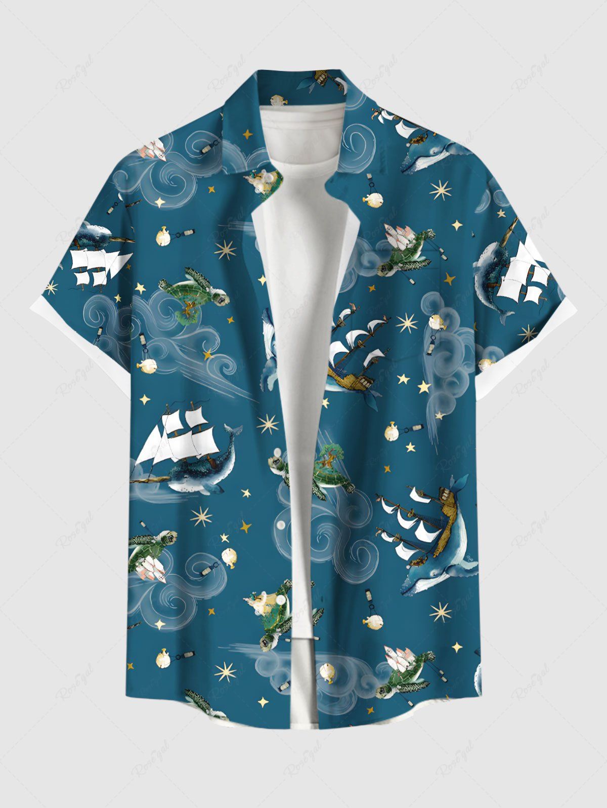 Sale Plus Size Turtle Dolphin Sea Waves Sailboat Stars Print Hawaii Sea Creatures Cruise Shirts For Men  
