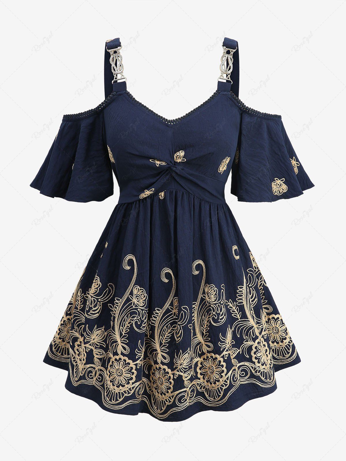 Best Plus Size Cold Shoulder Floral Butterfly Curve Embroidery Twist Blouse  