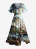 Tropcial Coconut Tree Sail Boat Print Plus Size Matching Hawaii Beach Outfit For Couples -  